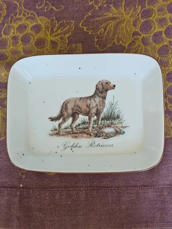 VINTAGE Speckled Stoneware Golden Retriever Porcelain Dog Trinket Tray - White