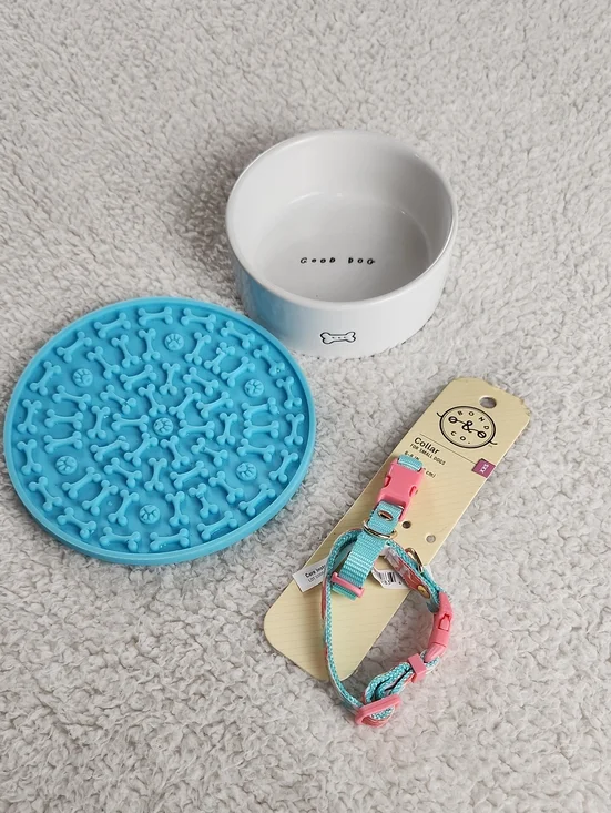 Small Dog Bundle-Blue Silicone Lick Mat, White Ceramic Bowl, 2 Pink/Teal Collars