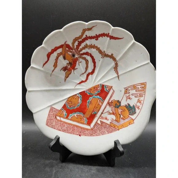 Antique Japanese Imari Porcelain Fluted Plate Phoenix Foo Dog Gold Gilt Meiji 9