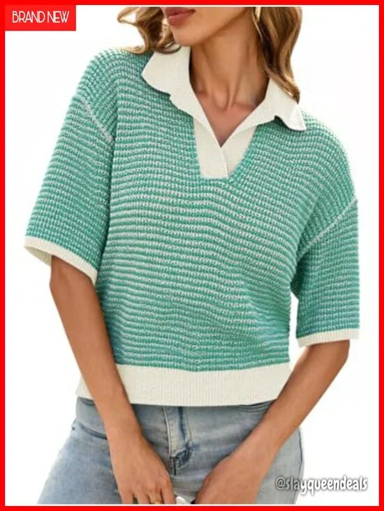 Women's Striped Color Block Cropped V-Neck Short Sleeve Knit Pullover Sweater