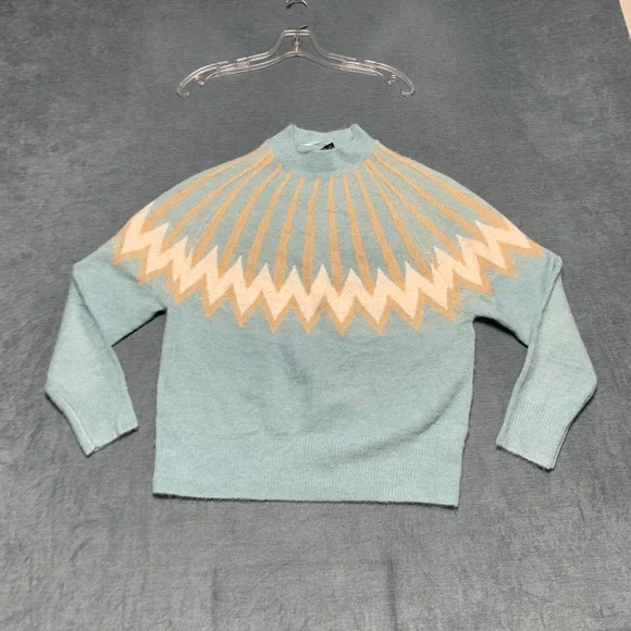 Knit-Coop Sweater Womens Small Blue Crew Neck Geometric Print Ribbed Hem Winter