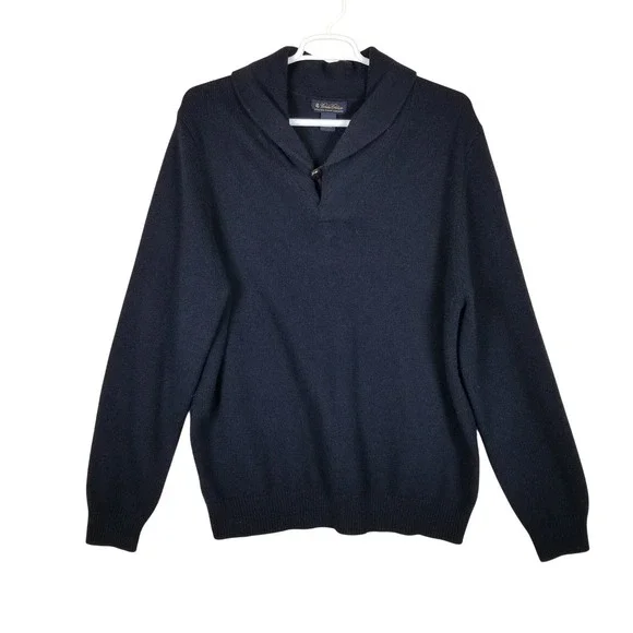 Brooks Brothers Sweater Men XL Navy Blue Italian Lambswool Shawl Collar Pullover