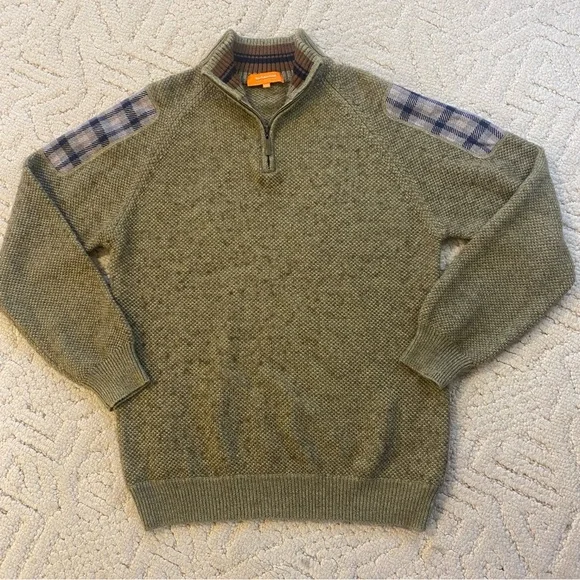 Markmartom Collection‎ Mens XXL Olive Green Quarter Zip Wool Blend Plaid Sweater