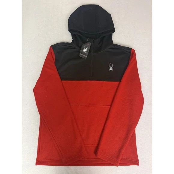 Spyder Men's 1/4 Zip Waffle Knit Hoodie Red/Black Performance Pullover Large NWT