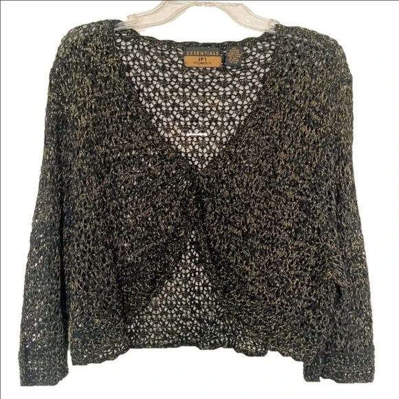 JPR Essentials Shrug Women 2X Black Gold Metallic Open Knit Cropped Cardigan