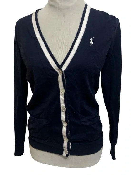 Ralph Lauren Sport Navy Blue Knit V-Neck Cardigan Sweater White Contrast Preppy