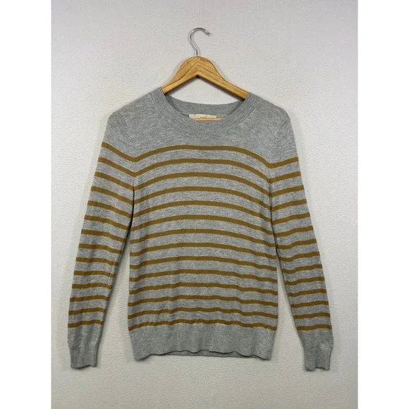 LOFT Preppy Academia Womens Medium Grey Mustard Striped Crewneck Sweater