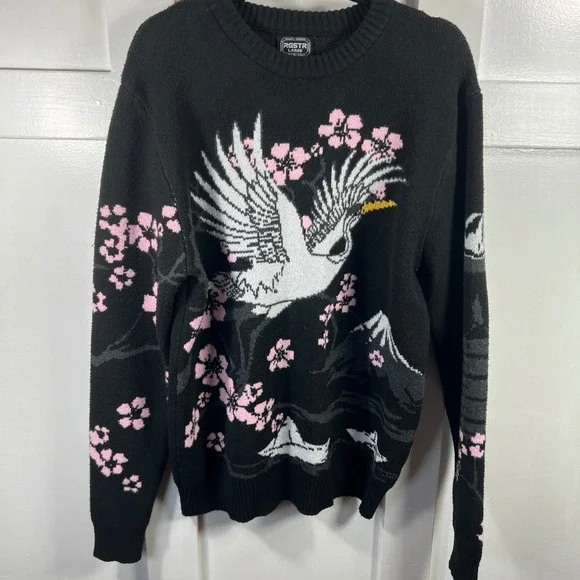 RGSTR Mens Large Black Crane Cherry Blossom Mount Fuji Graphic Knit Sweater