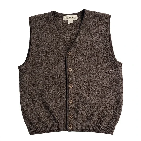 Crossings Vintage Knit Button Front Vest Men M Brown Fisherman Preppy Cotton USA