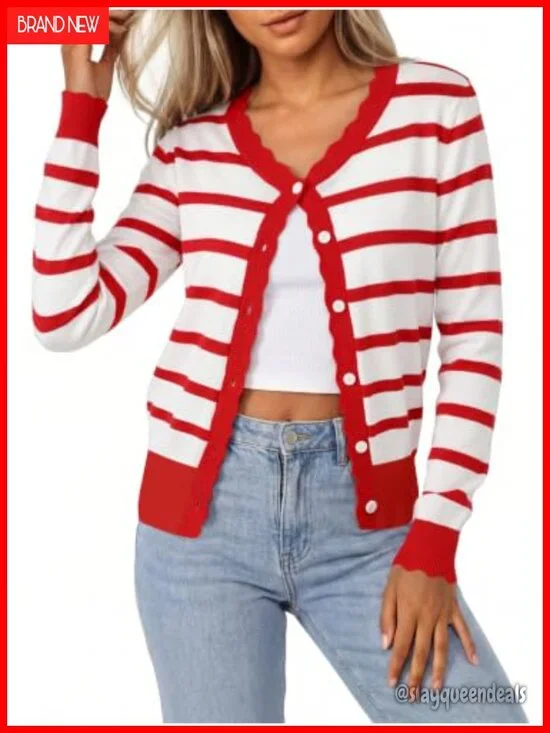 Striped V-Neck Cardigan Sweater Long Sleeve Button Down Ribbed Knit Lightweight