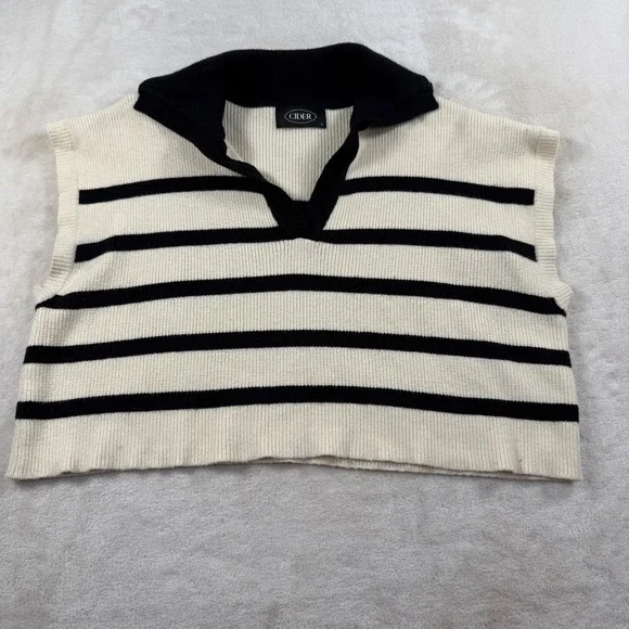 Cider Womens Striped Cropped Sweater Vest Black Cream Ribbed Polo Collar Large