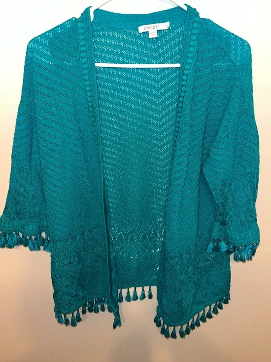 Chicos Womens Teal Long Sleeve Open Front Knit Cardigan Tassel Trim Size 1 M EUC