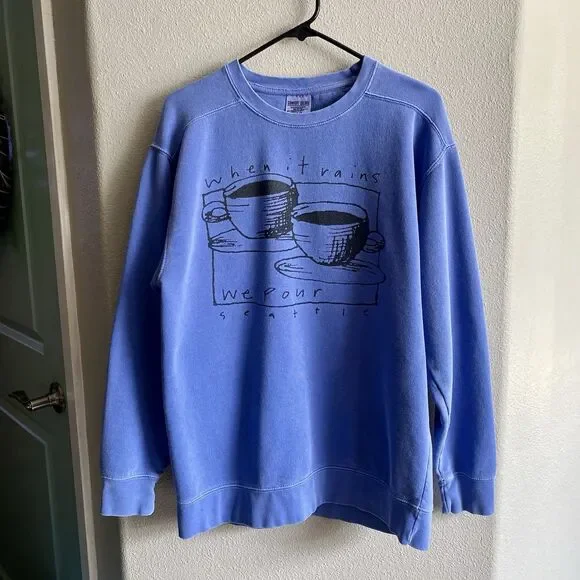 Seattle “when It Rains We Pour” Unisex Crewneck Sweatshirt Blue Size Medium