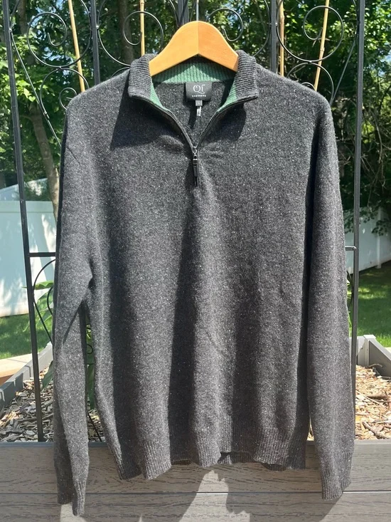 Qi Cashmere Men’s Charcoal Gray 1/4 Zip Pullover Sweater Size L Luxury Preppy