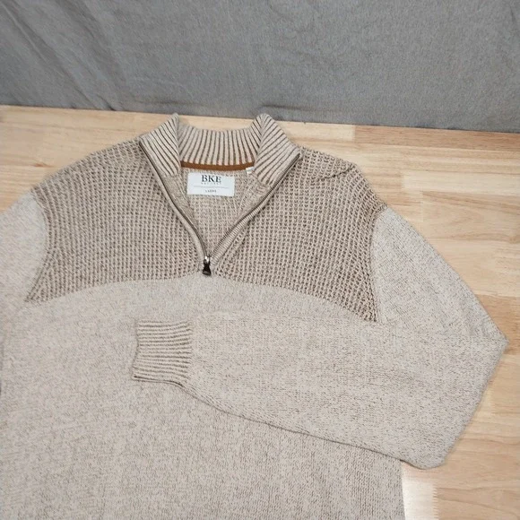 BKE Mens Quarter Zip Pullover Sweater Textured Cotton Large Tan Marled