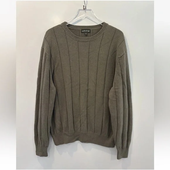 Orvis Olive Green Ribbed Knit Cotton Crewneck Sweater Mens Size Large‎ (1349)