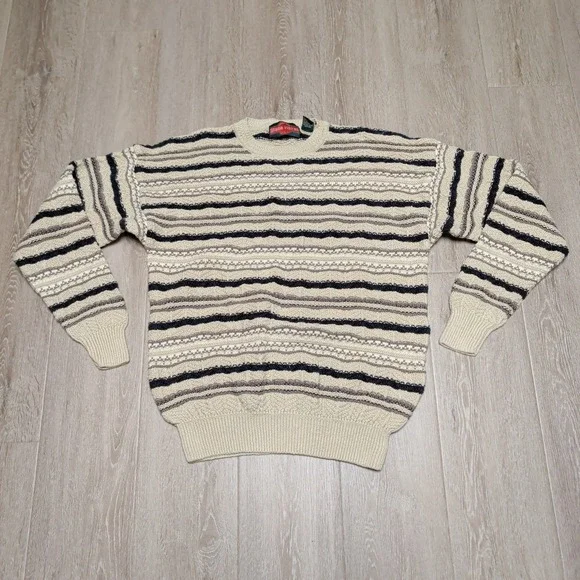 Vintage Stone Haven Mens Striped Textured Knit Ramie‎ Cotton Sweater Beige Large