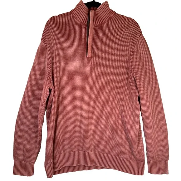 Lucky Brand Sweater Mens XXL‎ Light Red Washed Worn Waffle Knit 1/4 Zip Cotton