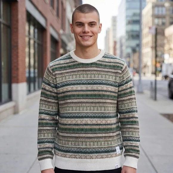 NEW Lucky Brand Mens Fair Isle‎ Crewneck Sweater Green Brown Striped Springs XXL