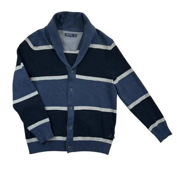 Nautica‎ Cardigan Sweater Mens L Blue Gray Striped Shawl Collar Button Cotton