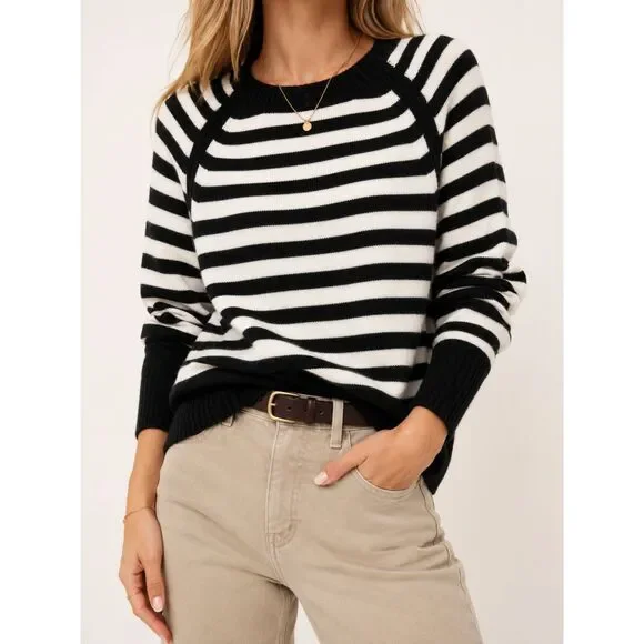 Anthropologie Black White Striped Knit Sweater Small Coastal Preppy Crewneck