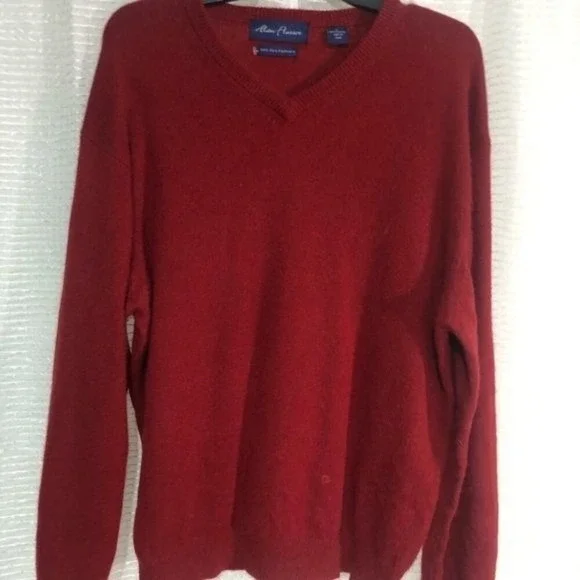 Alan Flusser Mens 100% Cashmere Sweater‎ V-Neck Long Sleeve Soft Knit Burgundy