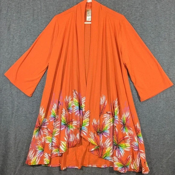 A Walk In the Park Womens Open Cardigan Kimono Orange Abstract Butterfly Size 2X