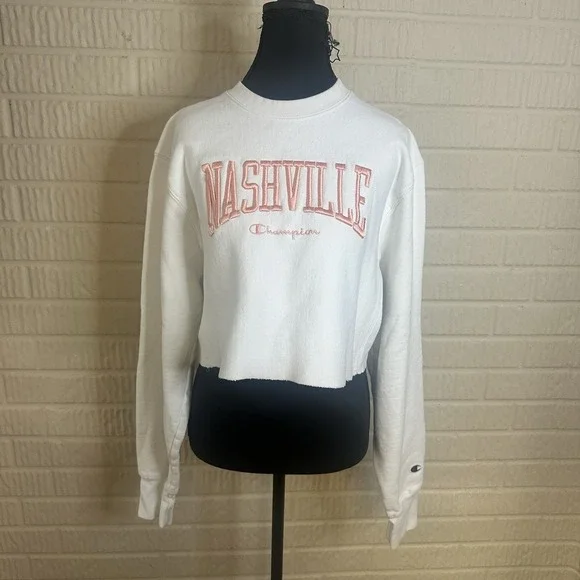 Champion Sweatshirt Sz S White Nashville Cropped Crewneck Pullover Reverse Weave