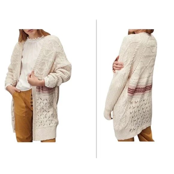 Anthropologie Pilcro Jemma Cable-Knit‎ Open Cardigan Women Size XS/S Beige Wool