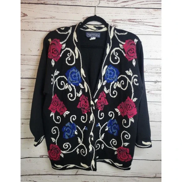 Vtg Maggie McNaughton Cardigan Sweater Black Red Blue Floral Knit Women's 1X‎