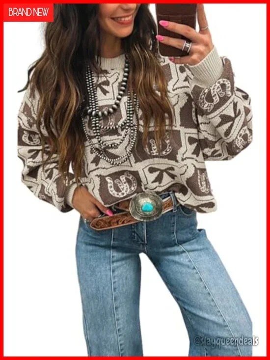 Crewneck Western Sweater Casual Bow Horseshoes Pattern Long Sleeve Knitted