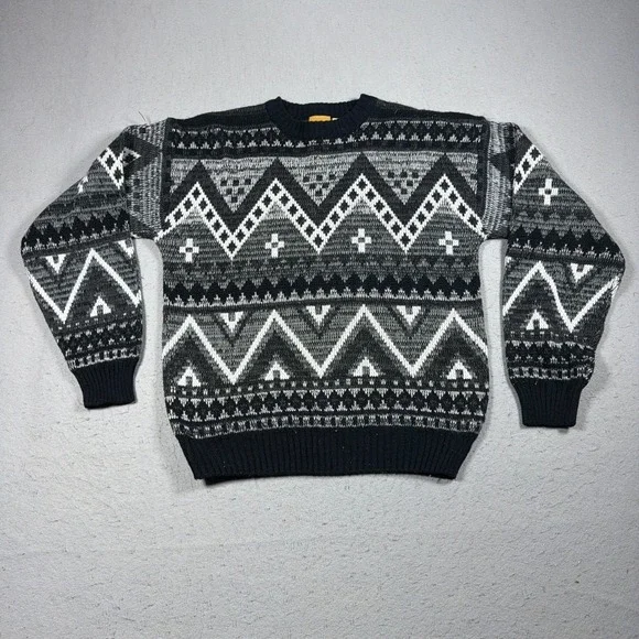 Vintage Sweater Men Medium Geometric Pattern Black White Gray Grandpa 80s Casual