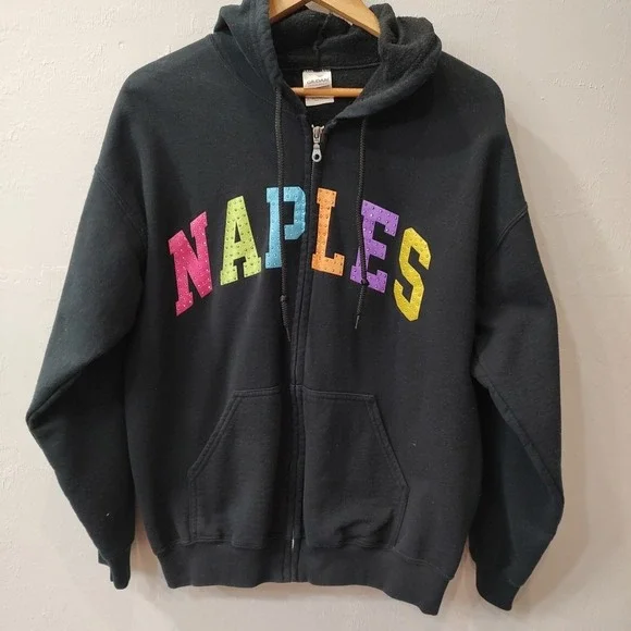Vtg Y2K Gildan Naples Embellished Zip Up Hood Sz Large Black‎ Colored Letters