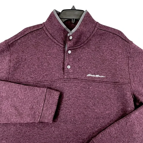Eddie Bauer Snap Mock Neck Pullover Mens TXL Tall Burgundy Heather Fleece Hiking