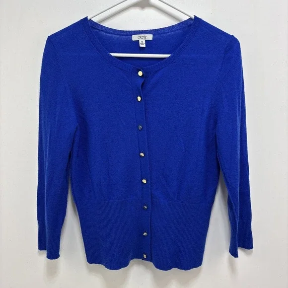 VTG Cache Y2K Blue‎ Wool Cashmere Lightweight Cardigan Sweater Size M Preppy