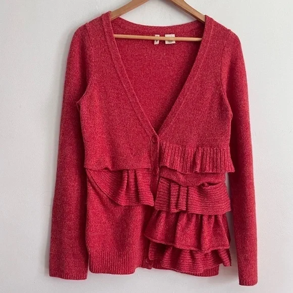 Anthropologie Moth- V Neck Asymmetrical Ruffle Long Sleeve Wool Cardigan- Medium