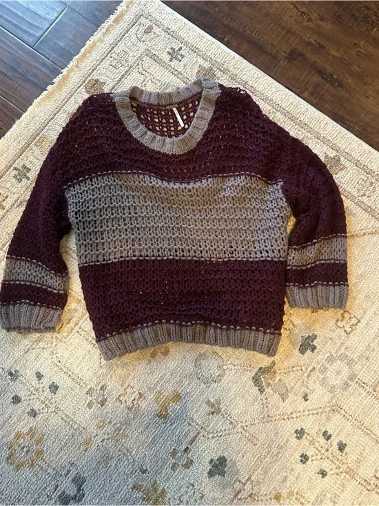 Free People Open Knit Crewneck Sweater in Burgundy and Gray