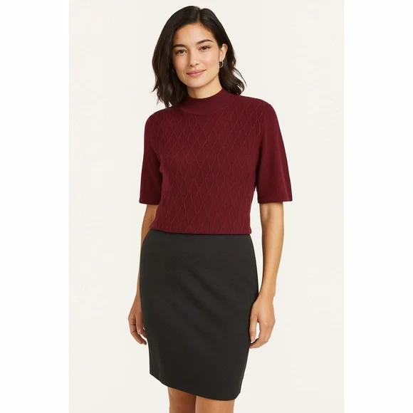 Koret | Cable Knit Plum Mock Turtleneck Short Sleeve Retro Mod Sweater