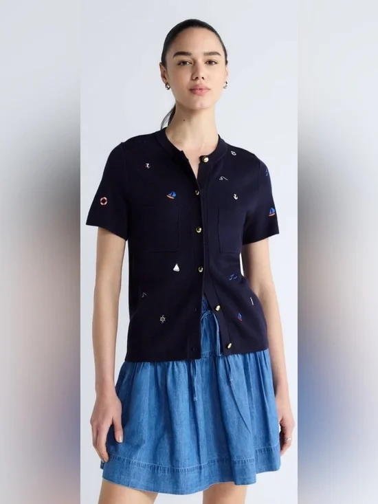 NWT Free Assembly Small Navy Nautical Embroidered Short Sleeve Cardigan Sweater