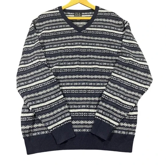 JOS A BANK Mens L V-Neck Fair‎ Isle Sweater 80 Lambswool Navy White