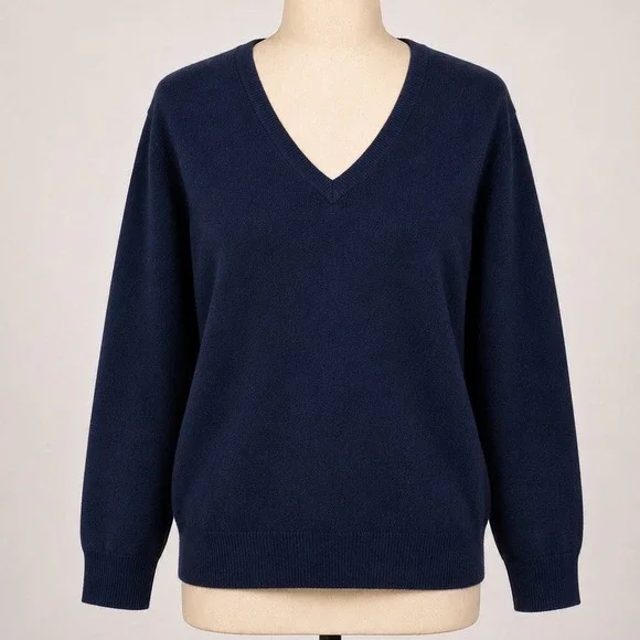 Vintage LL‎ Bean Mens Navy Blue V-Neck Cashmere Cotton Blend Sweater Pullover
