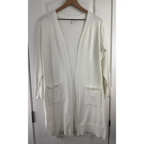 Nine West Cardigan Sweater Womens S Off White Open Front Long Pocket Knit