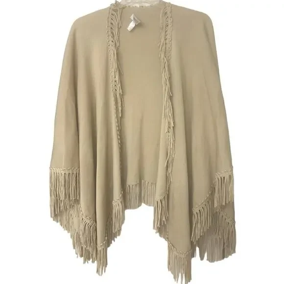 COLDWATER CREEK Tan Fringe One Size Shawl Poncho Cardigan Boho Western country