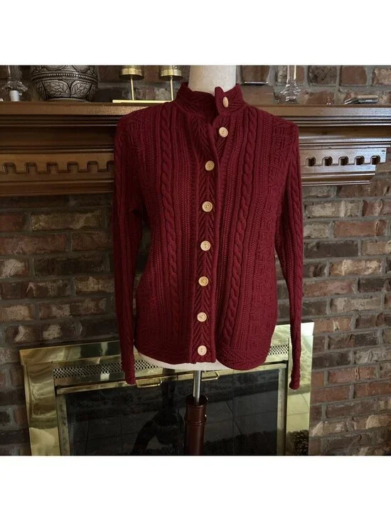 Ll Bean Red Cable Knit Cardigan Size Medium 100% Cotton