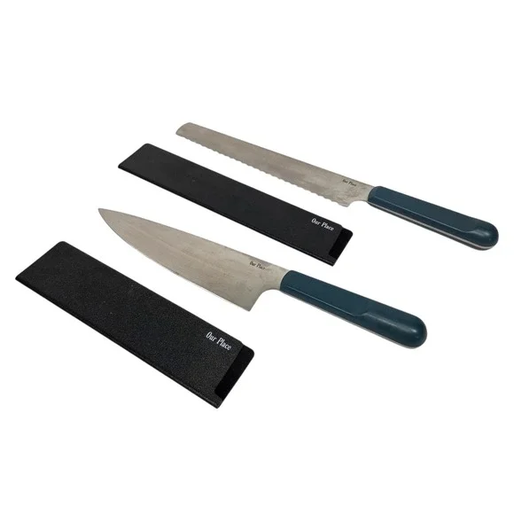 Vtg Our Place Knife Set 2pc Blue Salt Chef & Serrated Bread Knives with Sheaths