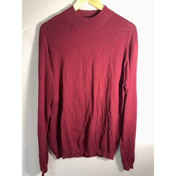 Burgundy Silk Cotton blend Argyle Knit Mock Neck Sweater‎ Men’s Large Bachrach
