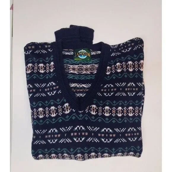 Vintage Jantzen XL V-neck Grandpa Sweater Blue‎ Green Geometric Print Y2k