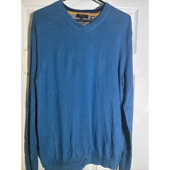 Ted‎ Baker Sweater Men Size 6 XL Wool Blend Knit V-Neck Blue Classic Pullover
