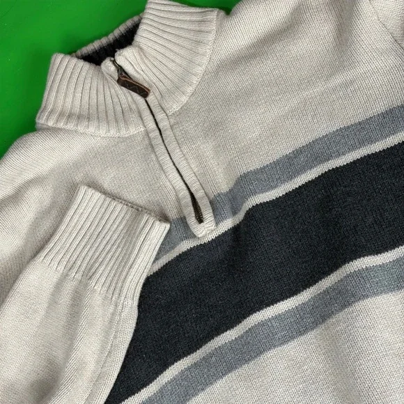 Eddie Bauer 1/4 Zip Sweater Mens L Beige/Blue Cotton Striped Pullover Mock Neck