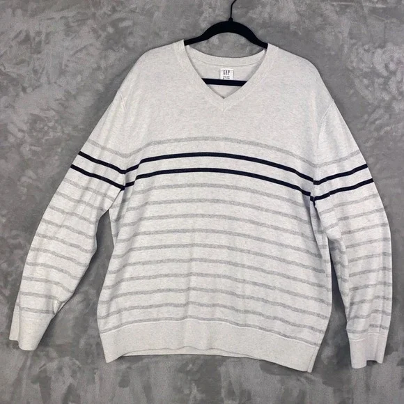 GAP Men's‎ XXL Grey Striped V Neck Sweater Long Sleeve Cotton Blend